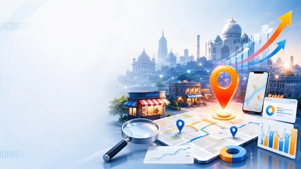 Local SEO illustration with Agra skyline, map pins, analytics, and ranking graphs representing business growth in local search.
